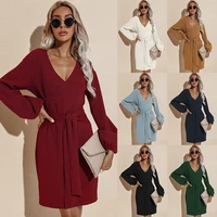 long women knitted wrap dress spring oversize elegant day knee length dress sexy v neck knitwear robe 2021 ladies clothes