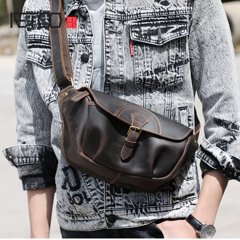 AETOO Casual top layer cowhide retro chest bag, men's waist bag, retro cowhide messenger bag