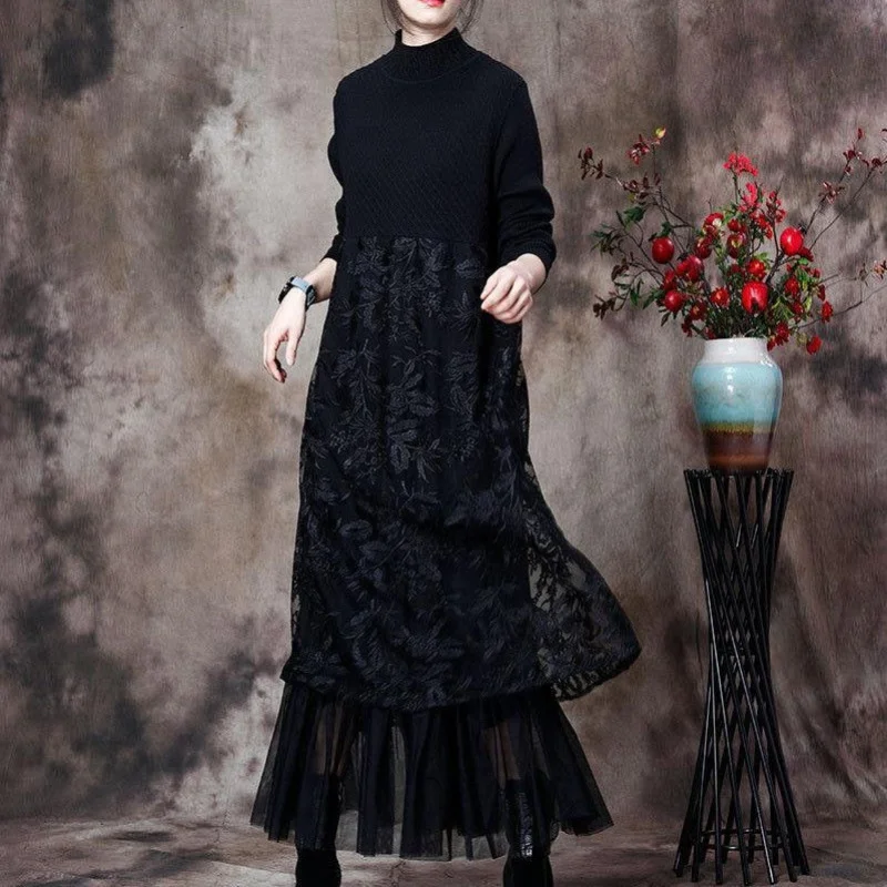 

Vintage 2021 Ladies Gathered lace embroiedry Long Maxi dress Elegant party dress Dropshipping