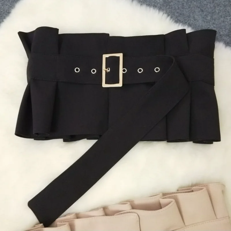 

New Fashion Black Ruffles Buckle Split Joint Bow Belt Personality Irregular Wide Belt Women Fashion All-match Spring Summer 2021