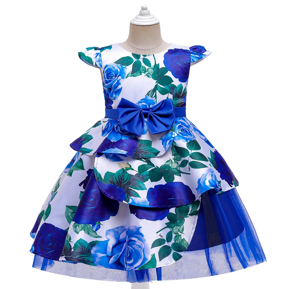 

Kids Flowers Cap Sleeves Printing Royal Blue Satin Dresses for Girls BallGown Ceremonie for Girls Christmas Dress with Bow