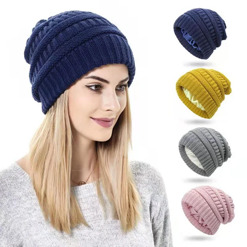 

Wool Knitted Warm Hats for Women Silk Satin Lined Chunky Cap Soft Stretch Cable Knit Slouchy Beanie Stretchy Woolen Hat Winter