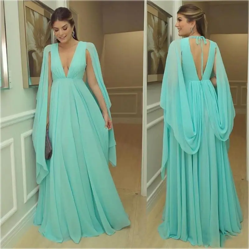 

Arabic Style Blue Chiffon Evening Dress Sexy Deep V-neck A-line Long Prom Gown for Formal Occasions