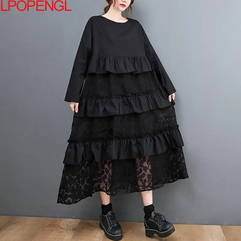 

Solid Black Lace Cupcake Dress Fashion Flounced Edge Splicing Loose Casual O-neck Collar Long Sleeve Mid-calf Spring Dresses