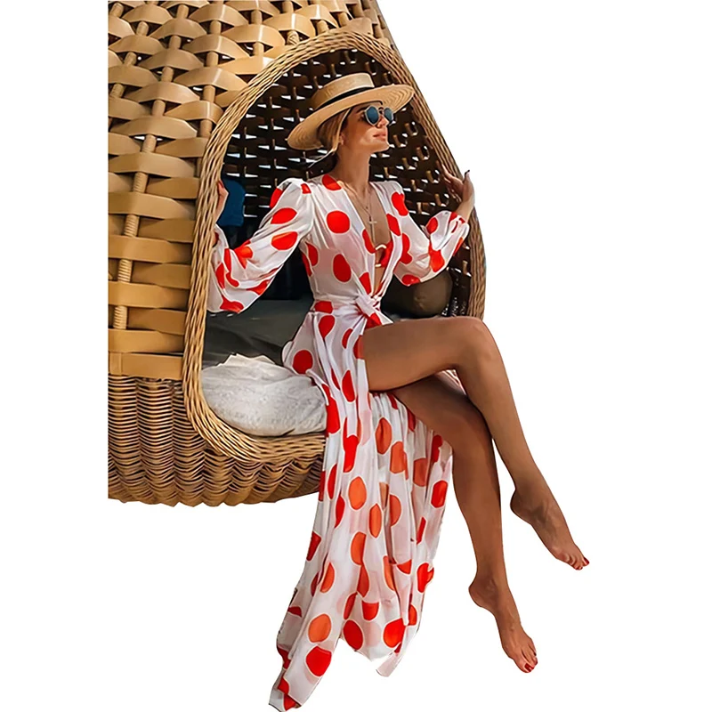 

Beach Dress 2021 Bikini Cover Up Print Bathing Suit Women Kimono Plus Size Tunic Sexy Long Sleeve Swimwear Cover-Ups