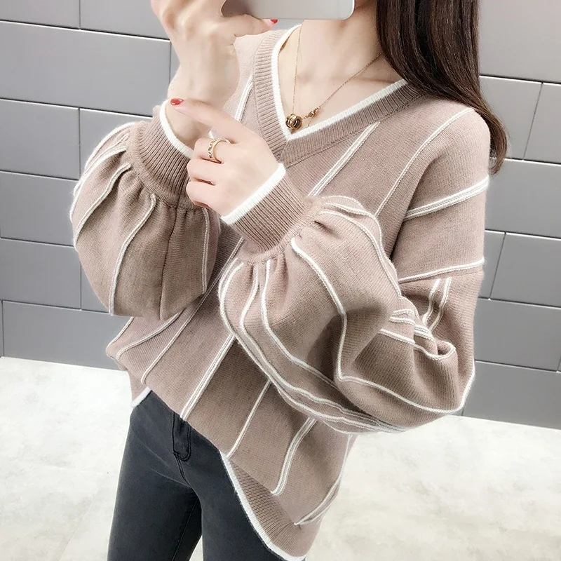 

5 Colors Autumn Winter 2020 New Knitted Sweater Women Loose wild Fashion V Neck Striped Pullover Patch Pull Femme lady Top