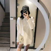 rainstone women white heavy beads twist knitted sweater korean style casual long loose hot fashion pullover