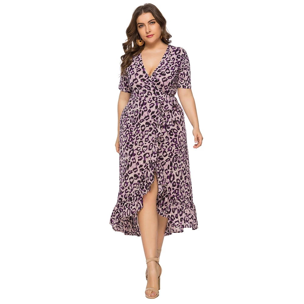 

Plus Size 6XL Women Dress Summer Autumn Sexy Leopard Print Wrap Dress Short Sleeve Ruffled Office Lady Dress Robe Femme Vestidos