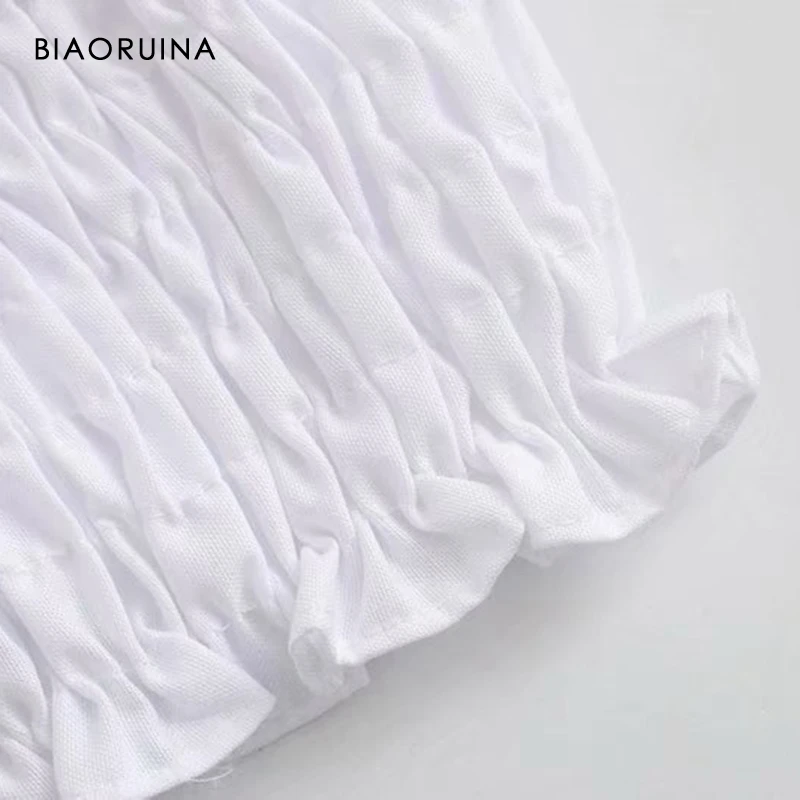 

BIAORUINA Women's White American Style Sexy Drop-shoulder Puff Sleeve Criss-cross Short Blouse Summer Fashion Tops Streetwear