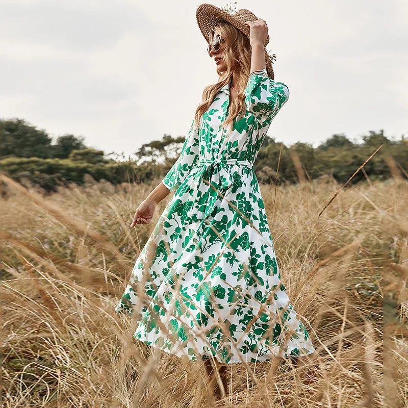 

2022 spring and summer new women's lace waist three-quarter sleeve skirt green print dress