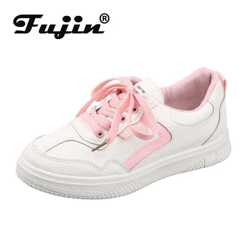 Женские кроссовки на плоской подошве Fujin белые дышащие шнурках с закругленным
