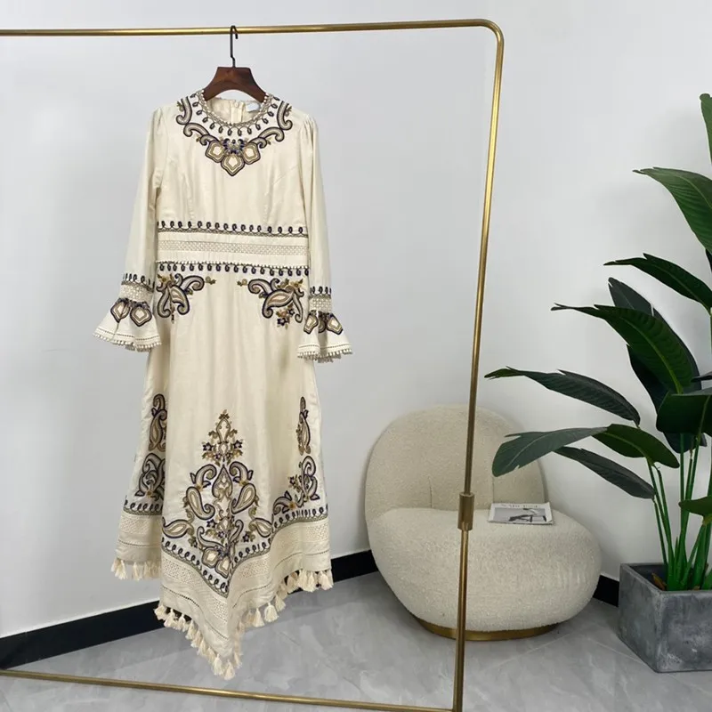 

Женское льняное платье с длинными расклешенными рукавами, асимметричное дизайнерское платье с кисточками, осень 2021