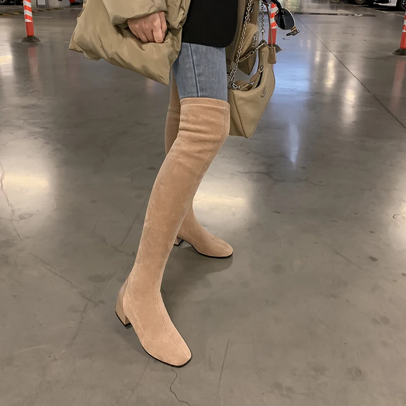 Женские сапоги выше колена из искусственной замши на толстом каблуке|Ботфорты| |