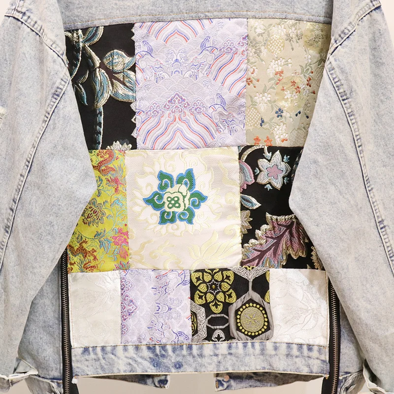 

Spring and Autumn New Women's Print Patched Embroidery Double Zipper Hole Denim Jacket Female Loose Jeans Jacket Cowboy Outwear
