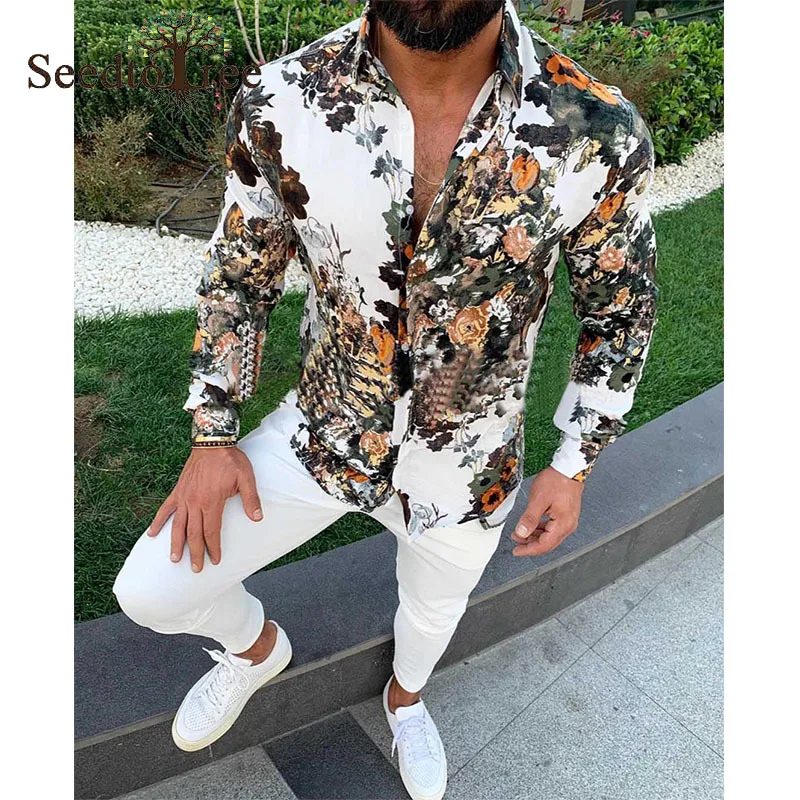 

Spring and Autumn Men's Casual Shirt 3D Printing Lapel Slim Long Sleeve Shirt