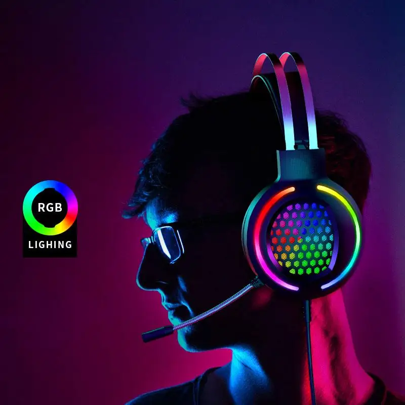 

Pink Headphones Gaming Headset With Microphone Professional Gamer 7.1 Surround Sound RGB Light for PC Computer