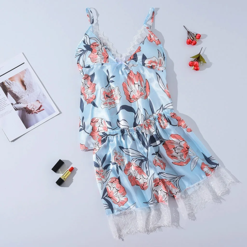 Женские пижамы милые атласные с цветочным принтом шелковое белье бантом