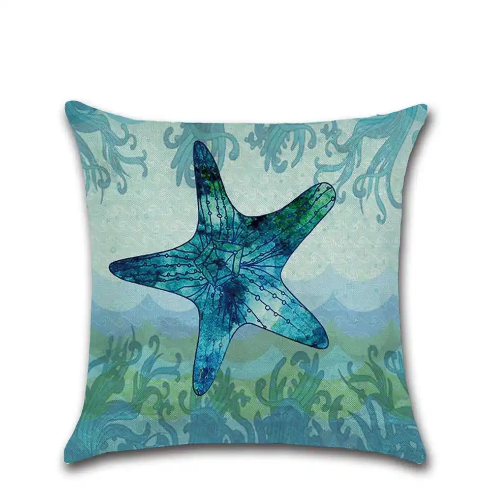 Льняная декоративная подушка в виде морской черепахи Морской коньки наволочка
