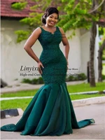 dark green lace mermaid prom dresses long for african women elegant v neck sleeveless fishtail evening party gown court train