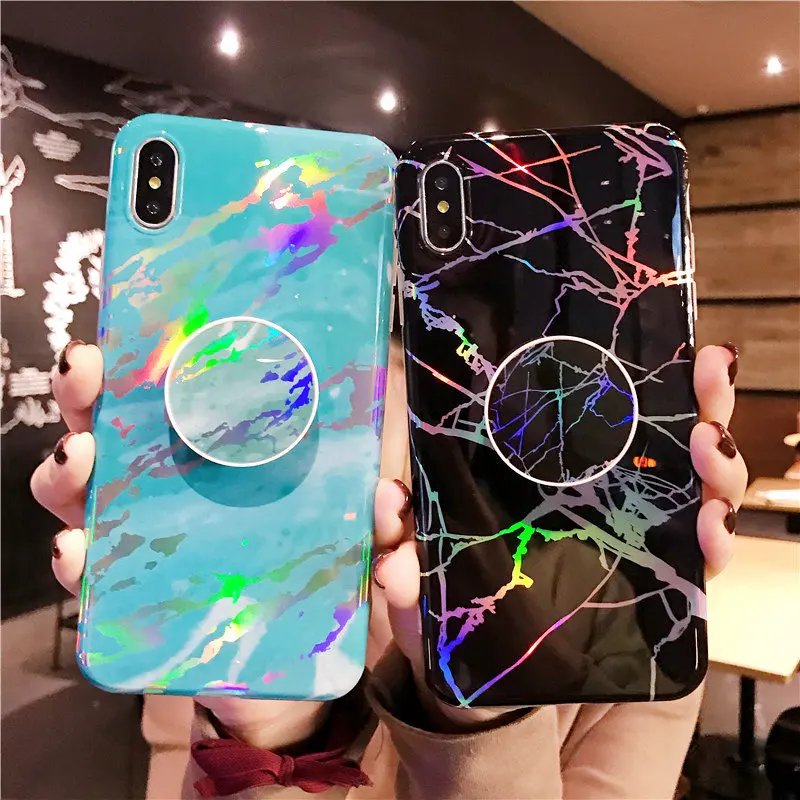 

Laser Colorful Phone Case for iphone 11 promax Simple Marble Phone Case for iphone X XSmax 8 7 Airbag ring bracket phone case