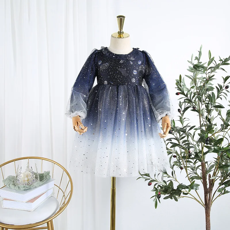 Girls dress 2019 autumn new children's gauze long sleeve starry sky gradient mesh skirt female treasure party | Детская одежда и