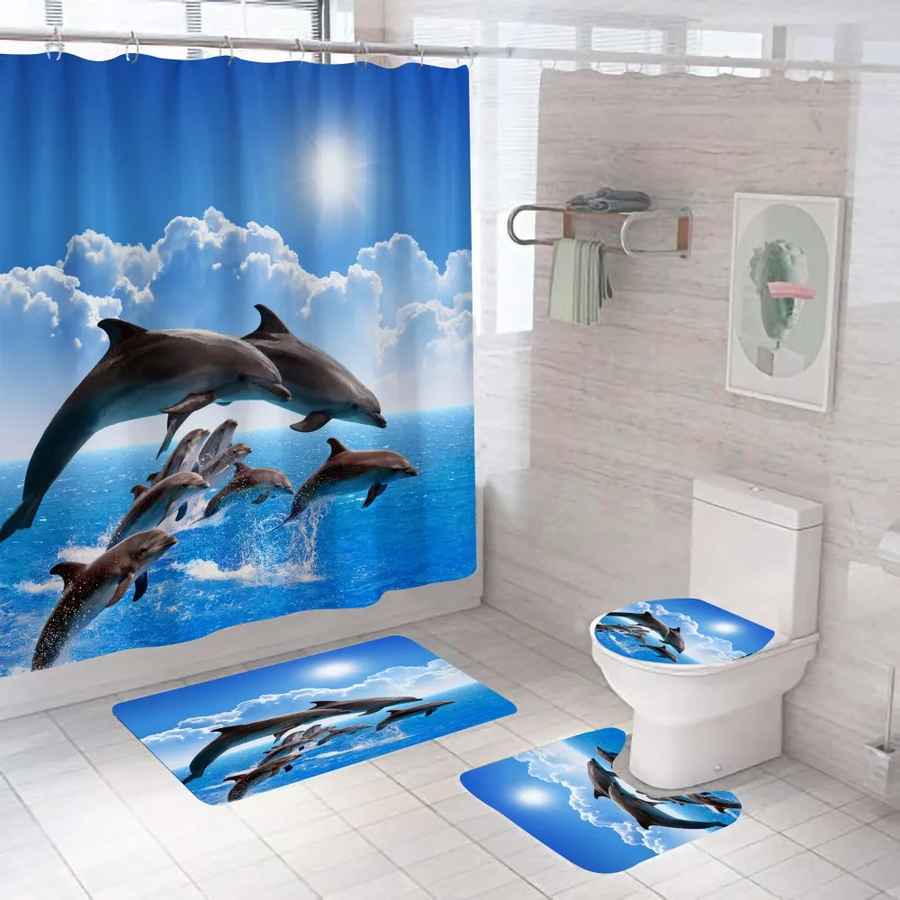 

Blue Sea Dolphin Shower Curtain 3d Fish Animal With Non Slip Rug Mat Bathroom Curtains Waterproof Polyester Home Decor 180x180