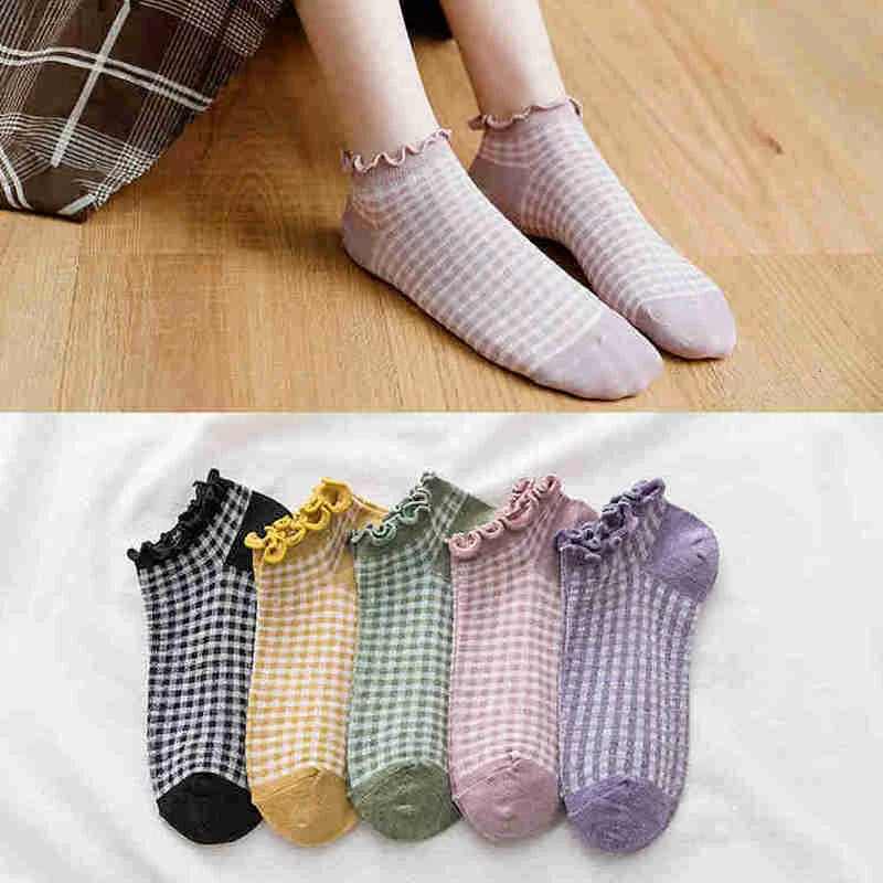

Носки женские, хлопковые, в клетку, с рюшами, в Корейском стиле