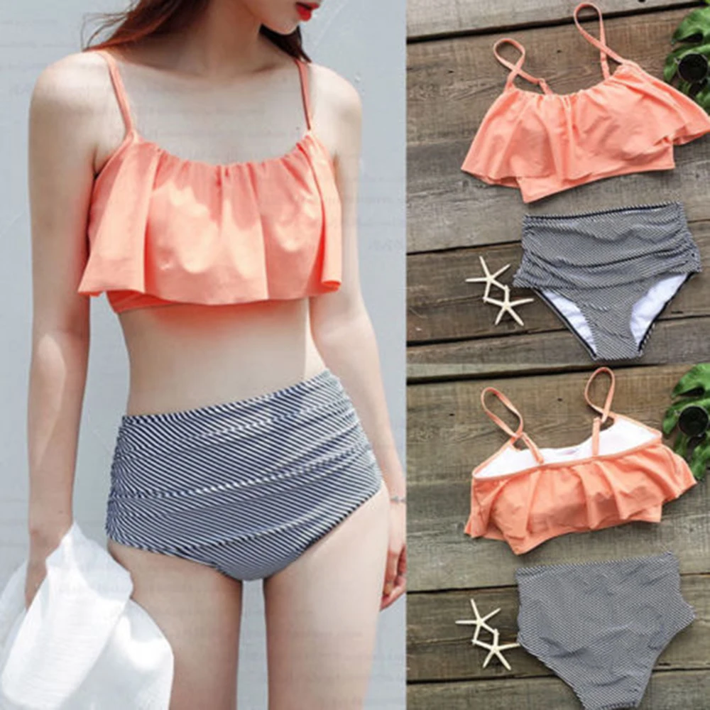 Pink and Stripe High Waisted Bikini Sets Sexy Tank Top Swimsuit Two Pieces Swimwear Women 2021 New Beach Bathing Suits