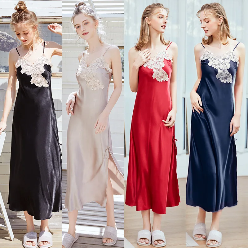

New Silk Sleepwear Lady's Summer Long Housewear with Lace Suspender Bridesmaid Robes Wedding Satin Dress