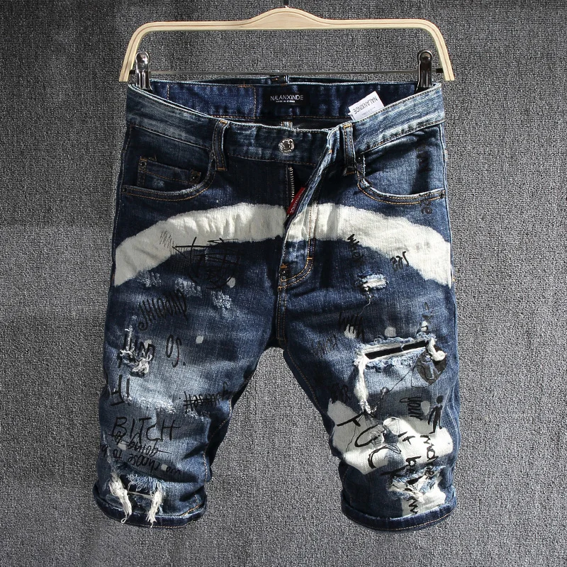 Summer New Men's Letter Printed Ripped Short Jeans Men Fashion Casual Slim Fit High Quality Cotton Stretch Denim Shorts