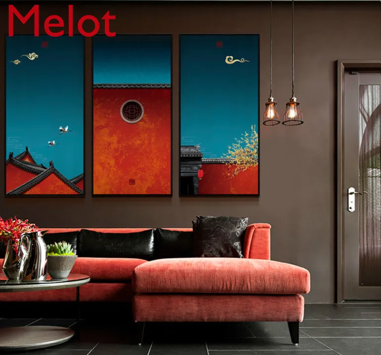 

New Chinese Style Living Room Sofa Background Decorative Painting Triple Eaves Red Wall Ginkgo Entrance Painting Mural
