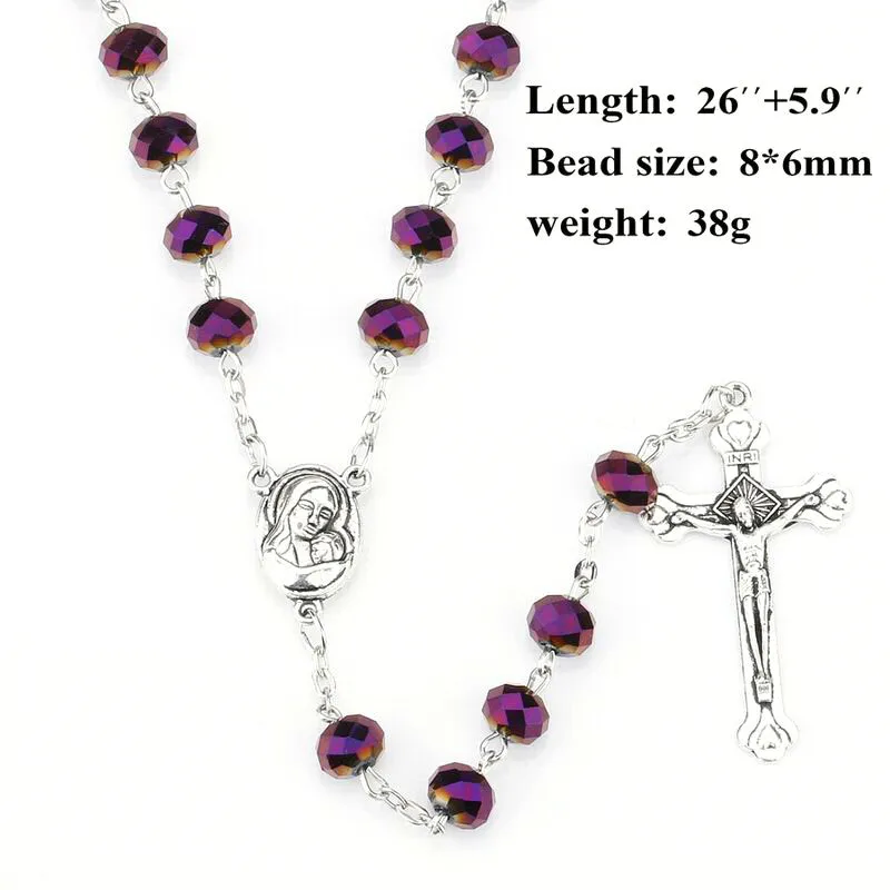 

Vintage Virgin Mary Cross Pendant Rosary Necklace Purple Glass Crystal Beads Catholic Prayer Religion Jewelry