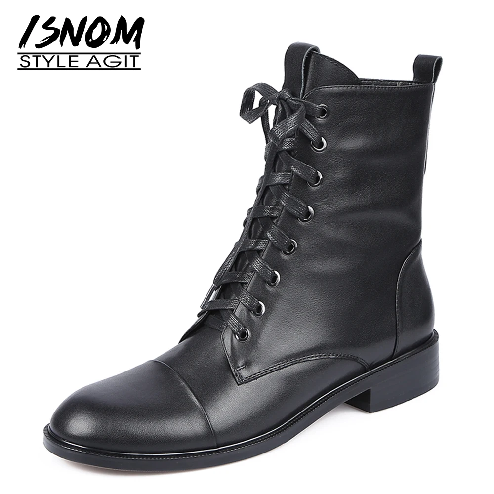 

ISNOM Cow Leather Ankle Boots Woman Cross Tied Zip Flat Booties Lace Up Shoes Women Round Toe Autumn Female Boot Rivets 2021