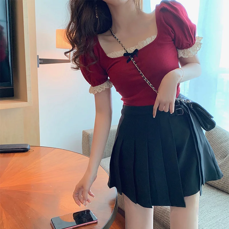 

GoneGoing 2021 Spring New Women Lolita Style Short Sleeve T shirts Square Neck Bow Lace Ladies Slim Crop Top Tees