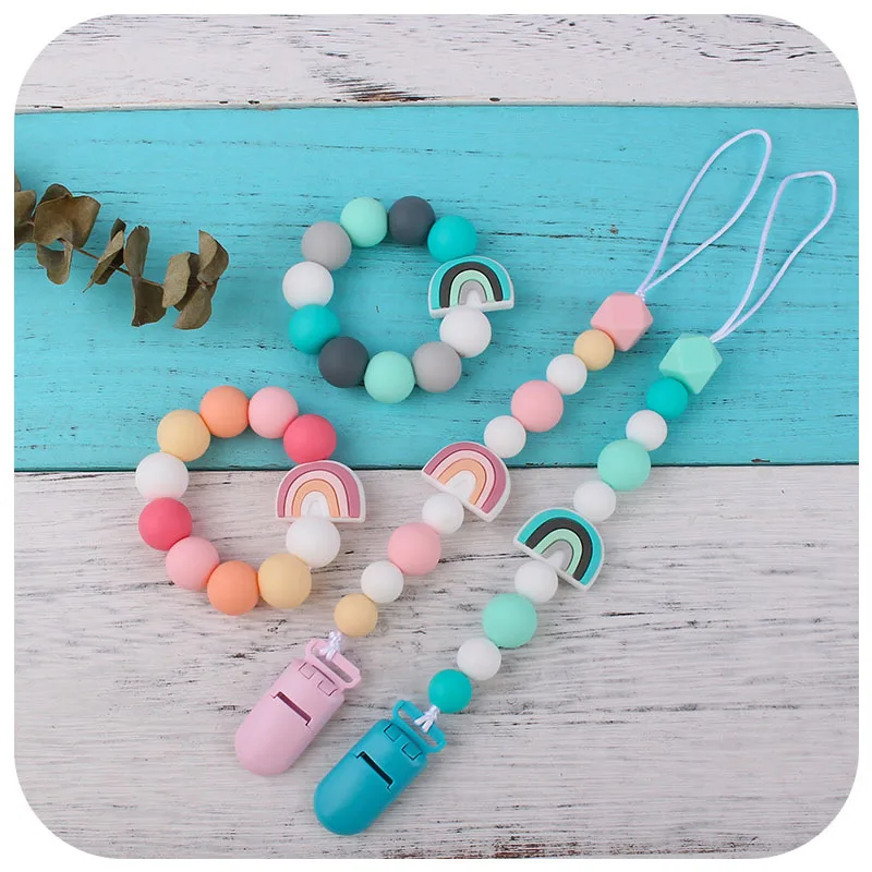 Coskiss-Juego de 2 unids/set de globos de arco&iacute;ris, productos de silicona de grado alimenticio, mordedores, pulsera y dentici&oacute;n, chupete bonito, cadena de Clips-3