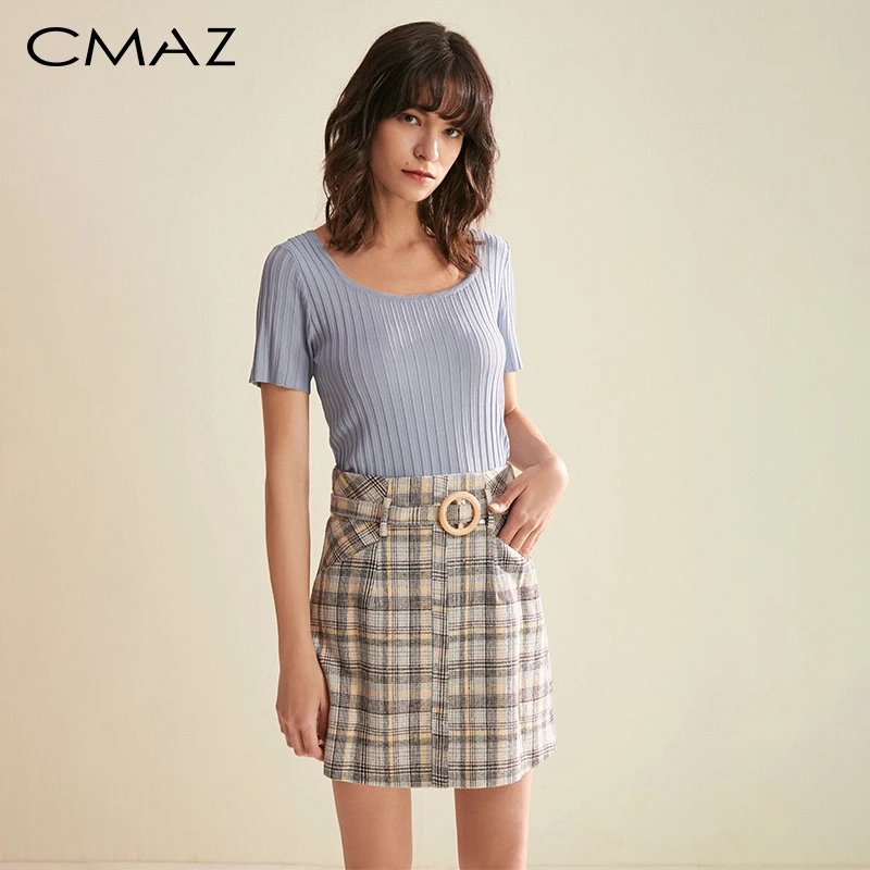 CMAZ Однотонная теплая вязанная трикотажная футболка с коротким рукавом и