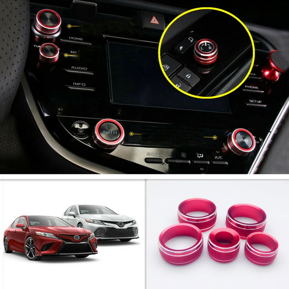 

5PS For 2018-2020 Toyota Camry Red Air Conditioning+Audio Button Ring Cover Trim Decorative Circle