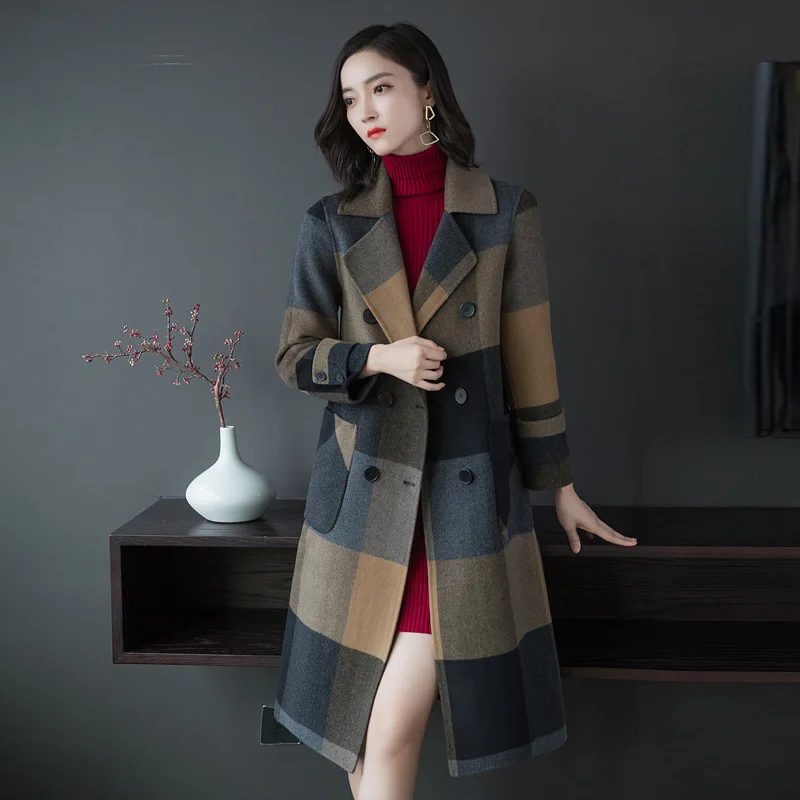 

Autumn and winter women's fashion woolen overcoat women show thin foreign style plaid coat medium length coat