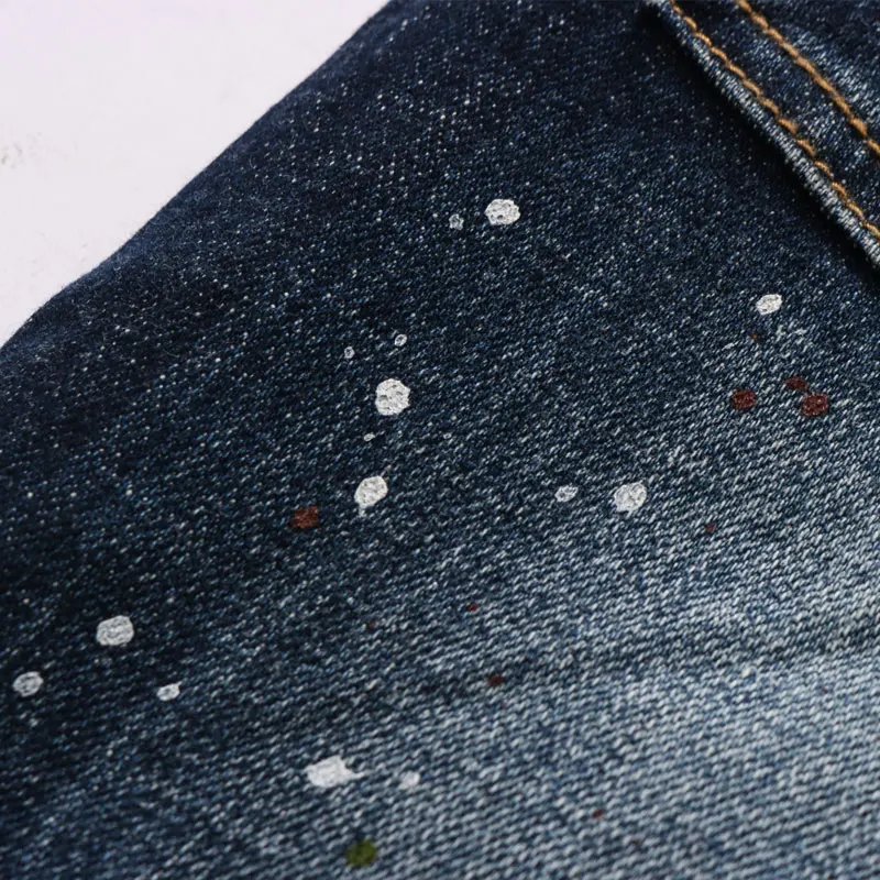 European Vintage Fashion Men Jeans High Quality Retro Dark Blue Slim Ripped Jeans Men Streetwear Painted Designer Denim Pants