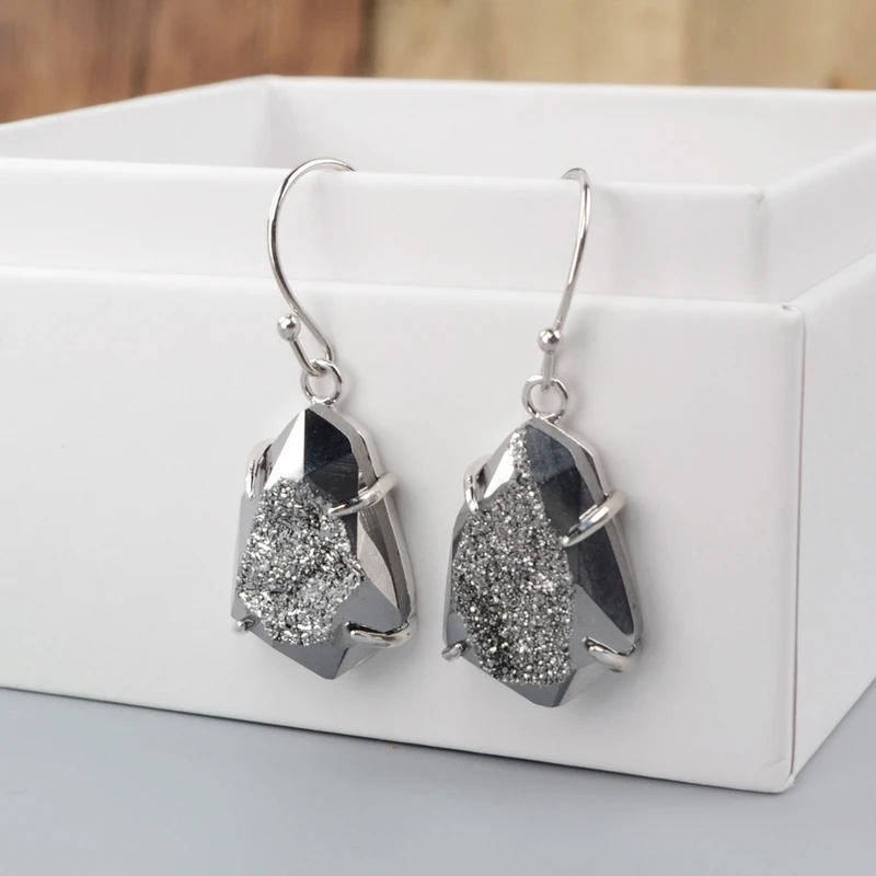 silver-silver Натуральные Агаты, висячие серьги, титановые серьги-крючки, ограненные драгоценные камни, серебрение, для девочек, ежедневные серьги, Прямая поставка - Окраска металла: silver-silver