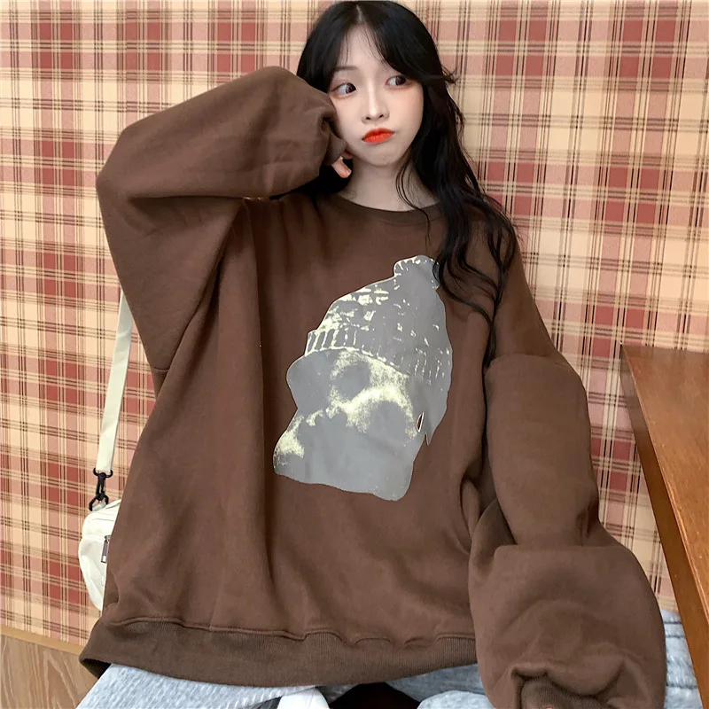 

Women Long Sleeve Fleece Women's Autumn Winter Fashion Loose Korean Lazy Style Plush Clothes Funny Print Pullover O-neck Top