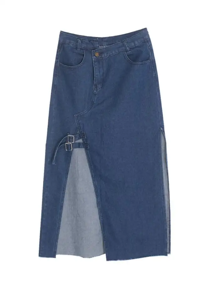 

2020 spring summer Women Midi Denim Skirt fashion Sexy Split Buttons Pockets A-line jean Skirt r489