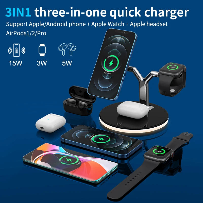 

3in1 Magnetic Wireless Charger QI 15W Fast Charging Station Magnet iPhone 13 12 pro Max Chargers for Apple Watch Airpods pro