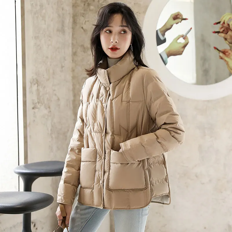 

Fashion Small Man Down Jacket Women New Design Sense Stand-up Collar White Duck Down Loose Warm Coat Female Parka TT166