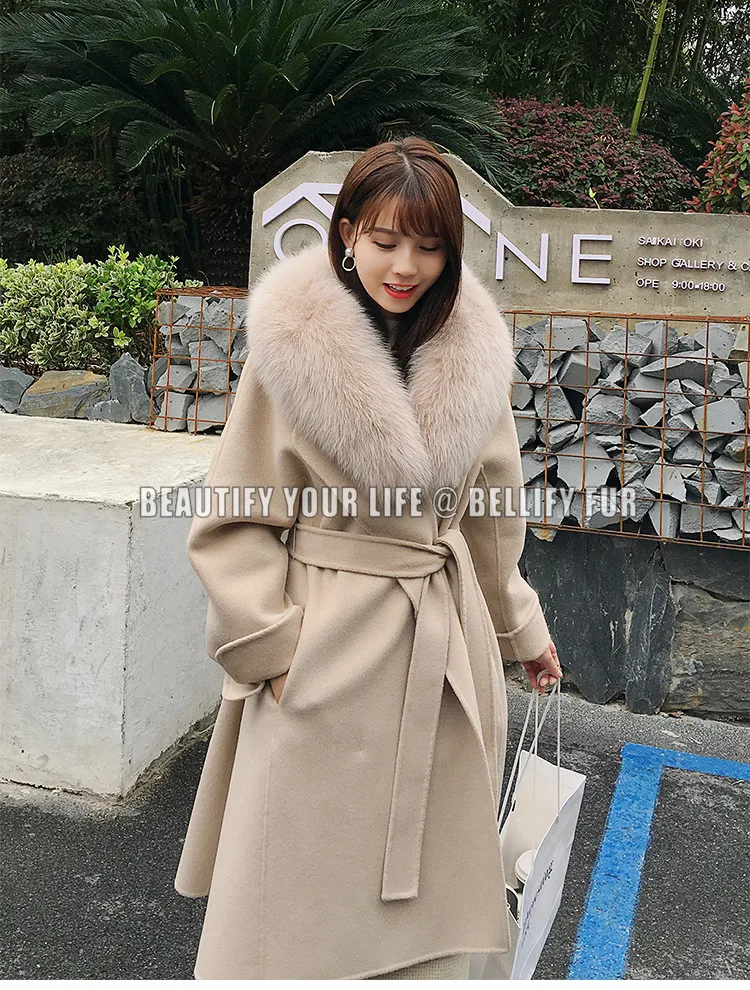 

Hot Trendy candy color ladies Natural fox fur trim cashmere coats outerwear