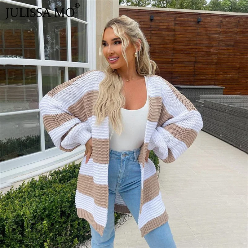 

Женский вязаный кардиган JULISSA MO, с длинным рукавом, Осенний Повседневный свободный свитер средней длины, элегантная верхняя одежда, 2021