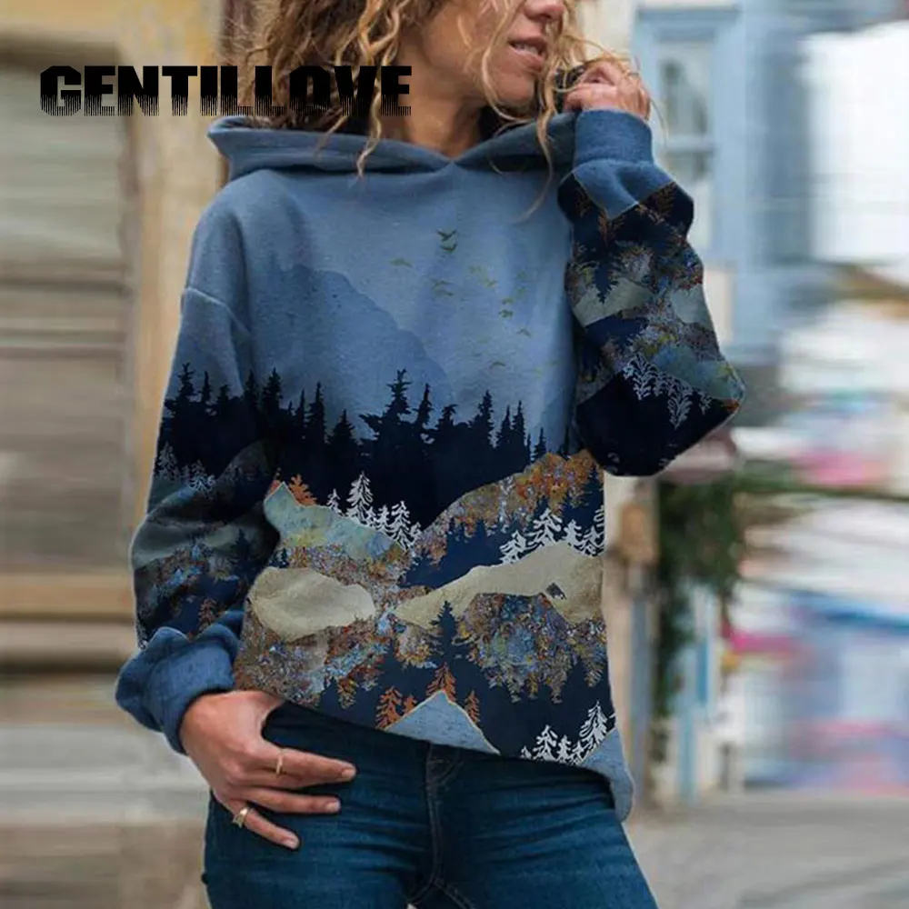 

Women Hoodies Fashion Mountain Printing Hooded T-Shirt Sweatshirt Loose Long Sleeve Female Tracksuit Tops Ladies Pullover