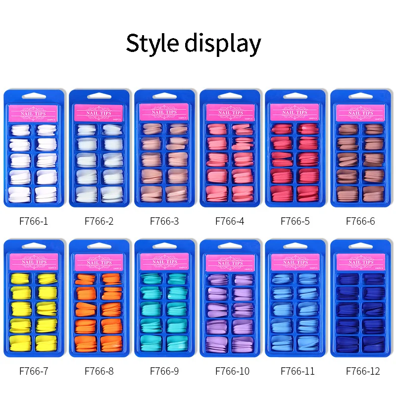 

100PCS Full Cover Fake Nails Little Blue Box Suit Long Ballet False Nails Wearable Nail Piece Color Solid Color Nail Art Patch
