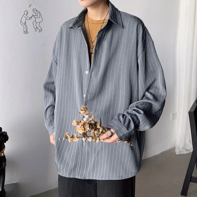 

2020 Men's Solid Color Stripe Printing Long Sleeve Hawaiian Shirt Gray Social Camisa Masculina French Cuff Mens Fashion Shirts