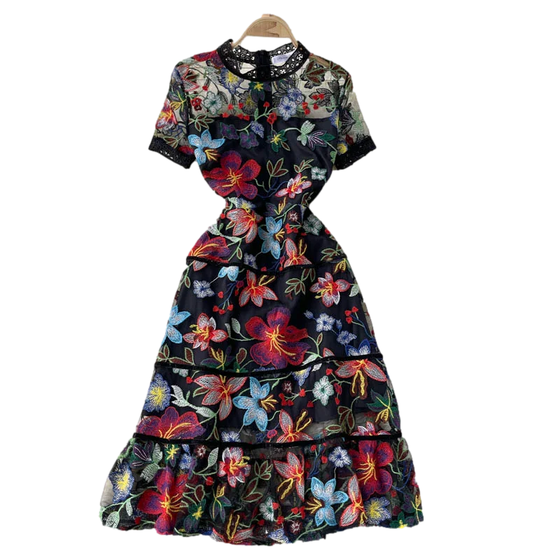 

Spring Summer New Retro Fashion Temperament Vestidos Female Round Neck Heavy Embroidery Flower Midi Dress GL109